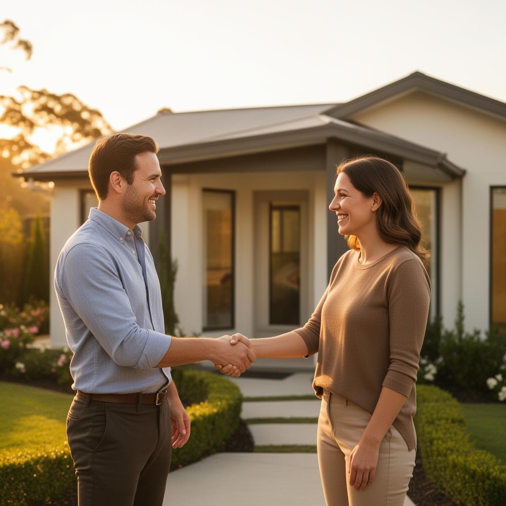 A man and woman shaking hands in front of a modern home